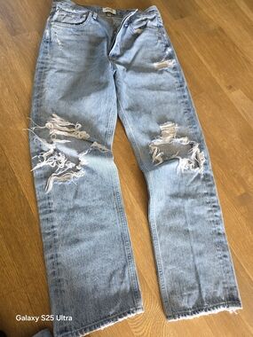 Agolde Light Blue Denim Jeans with Gold Stitching